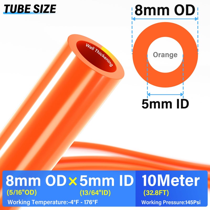 TAILONZ PNEUMATIC Orange 8mm or 5/16 OD 5mm ID Polyurethane PU Air Hose Pipe Tube Kit 10 Meter 32.8ft - Image 2